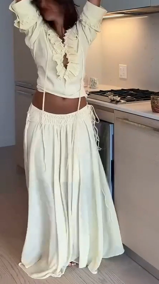 Ladies' V-neck Patchwork Drawstring Top+ Skirt Casual Set - MATCHING MASTER