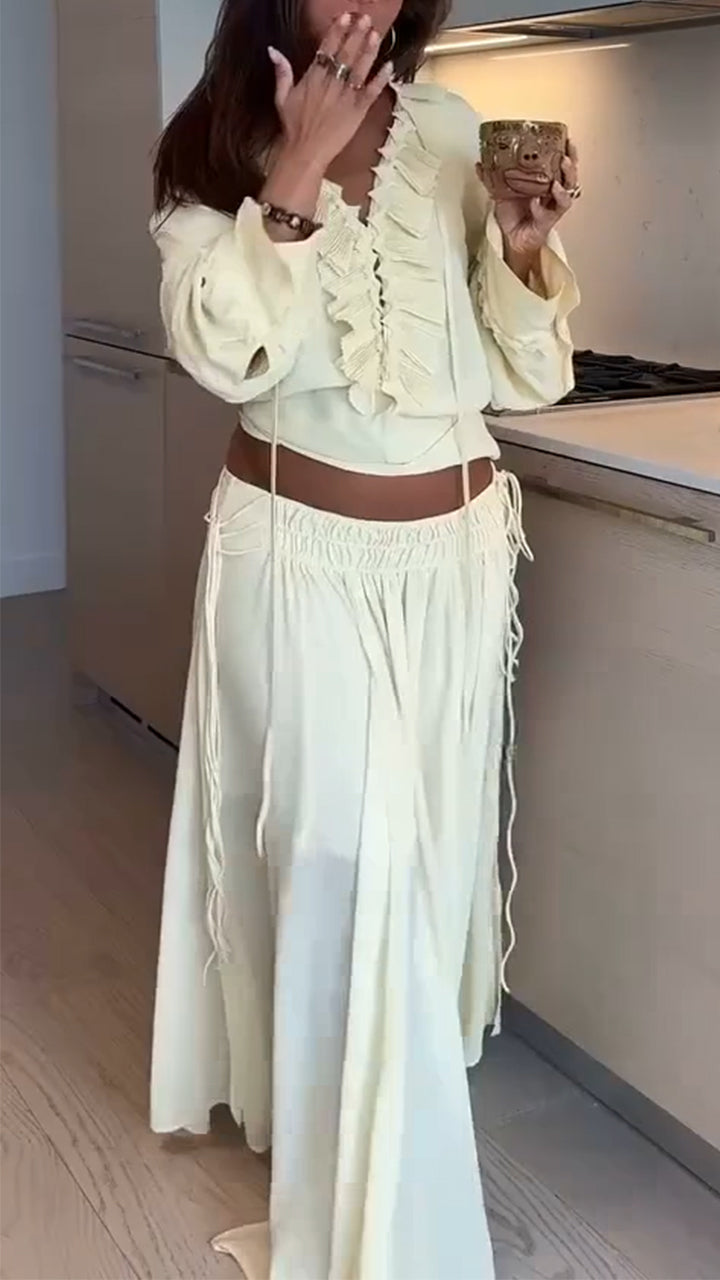 Ladies' V-neck Patchwork Drawstring Top+ Skirt Casual Set - MATCHING MASTER