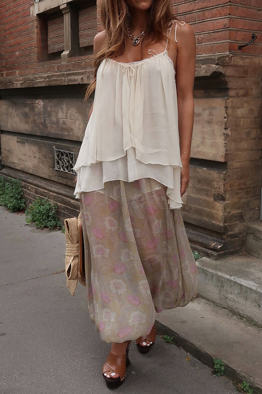 Women's Casual Vacation V-neck Camisole Vintage Print Loose Pants Set - MATCHING MASTER