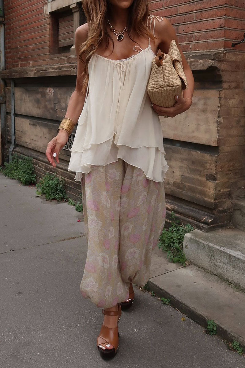 Women's Casual Vacation V-neck Camisole Vintage Print Loose Pants Set - MATCHING MASTER