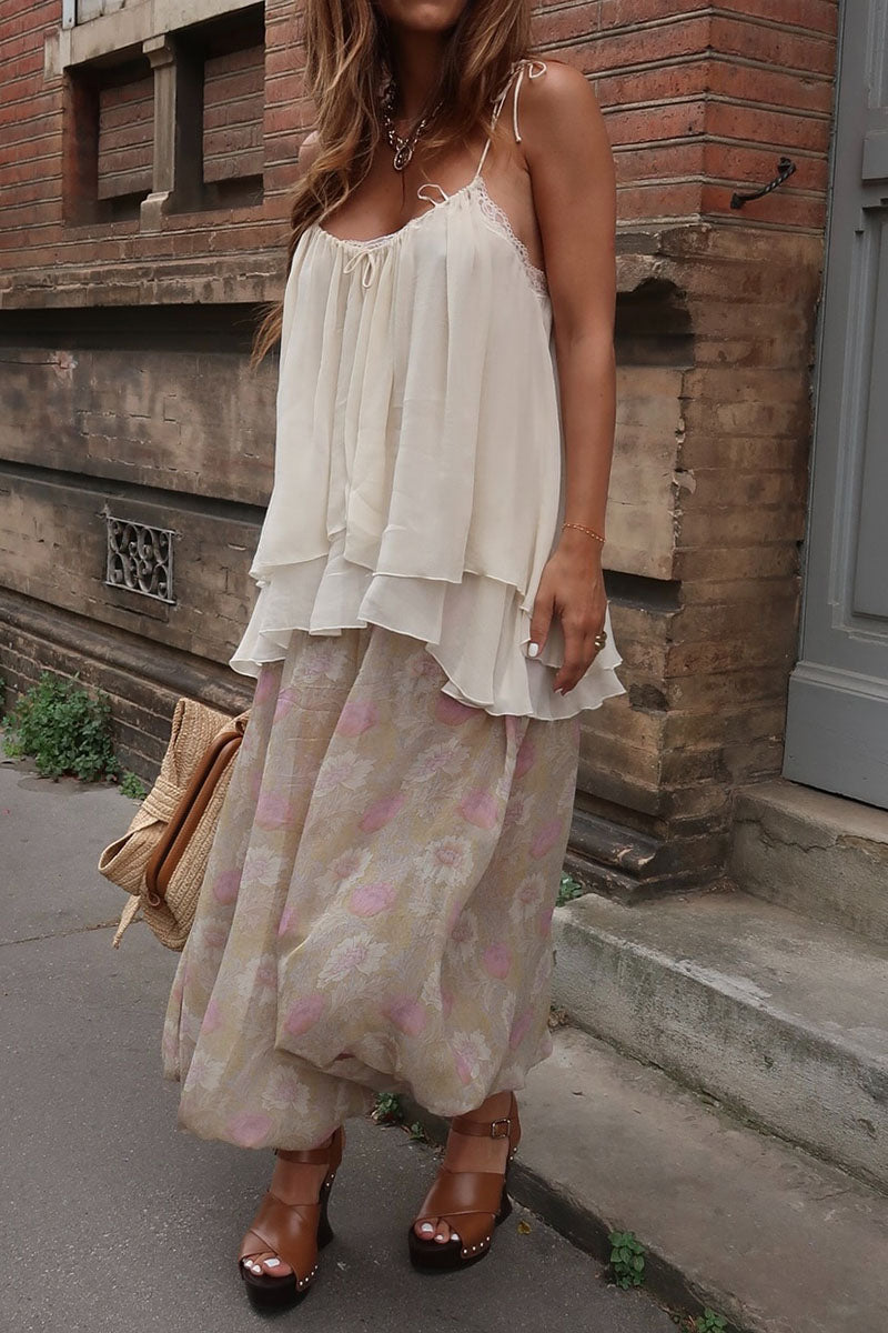 Women's Casual Vacation V-neck Camisole Vintage Print Loose Pants Set - MATCHING MASTER