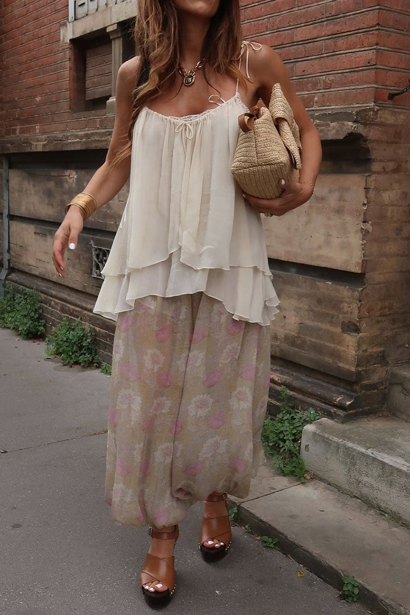 Women's Casual Vacation V-neck Camisole Vintage Print Loose Pants Set - MATCHING MASTER