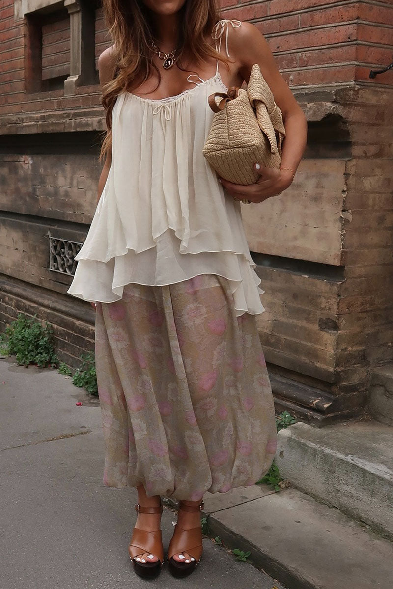 Women's Casual Vacation V-neck Camisole Vintage Print Loose Pants Set - MATCHING MASTER