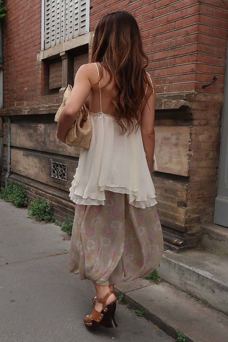 Women's Casual Vacation V-neck Camisole Vintage Print Loose Pants Set - MATCHING MASTER