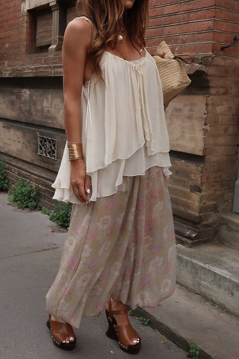 Women's Casual Vacation V-neck Camisole Vintage Print Loose Pants Set - MATCHING MASTER