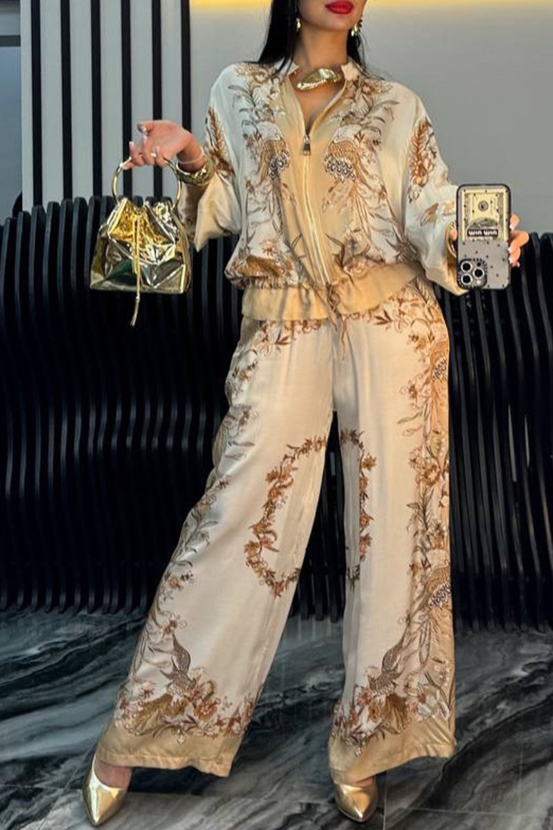 Women's Satin Zipper Printed Casual Suit - MATCHING MASTER