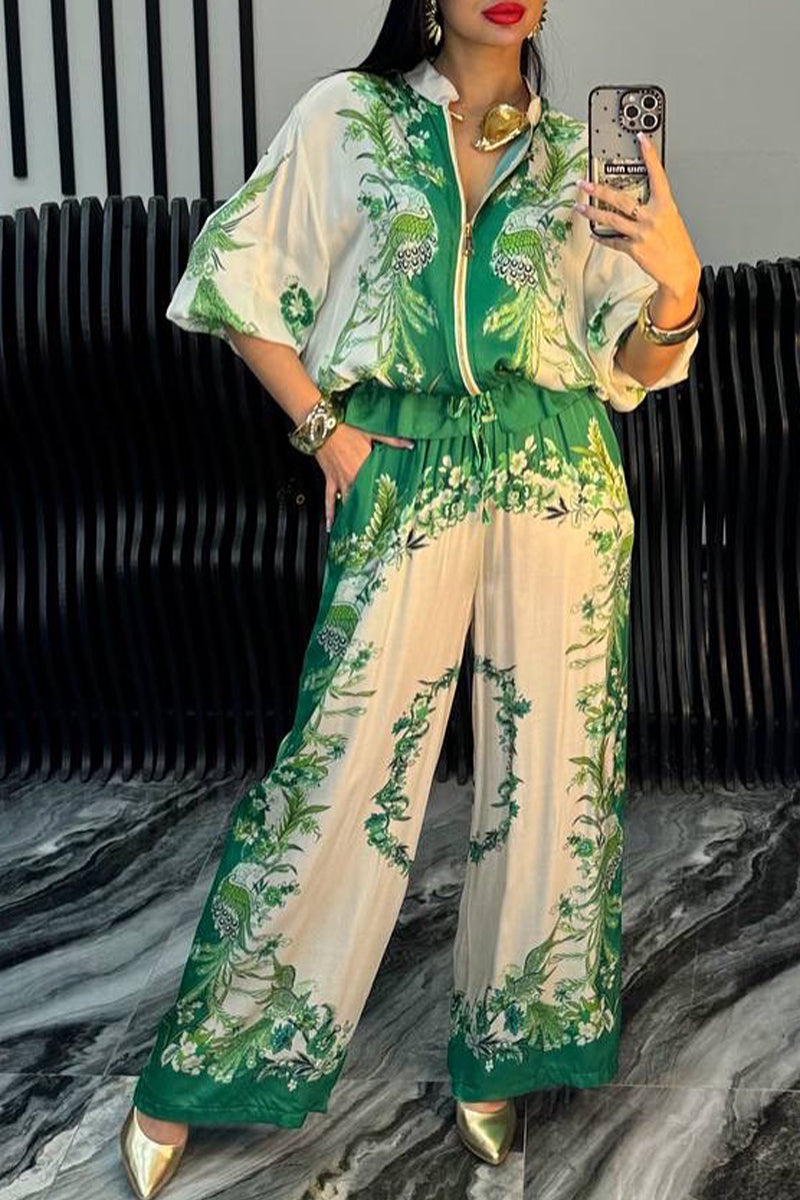 Women's Satin Zipper Printed Casual Suit - MATCHING MASTER