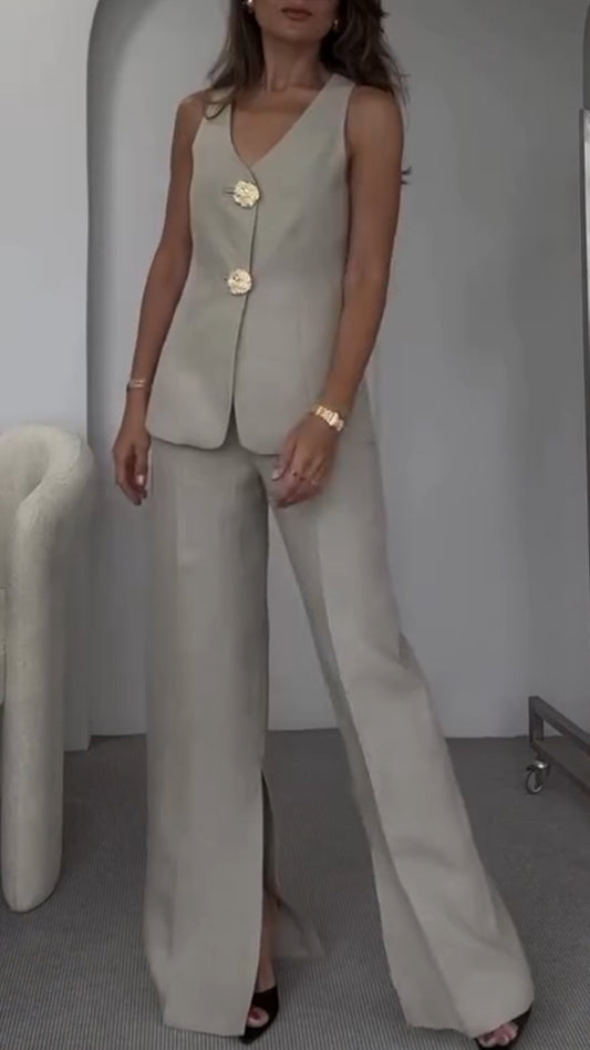 Women's V-neck Button Vest Top + Slit Trousers Casual Suit - MATCHING MASTER