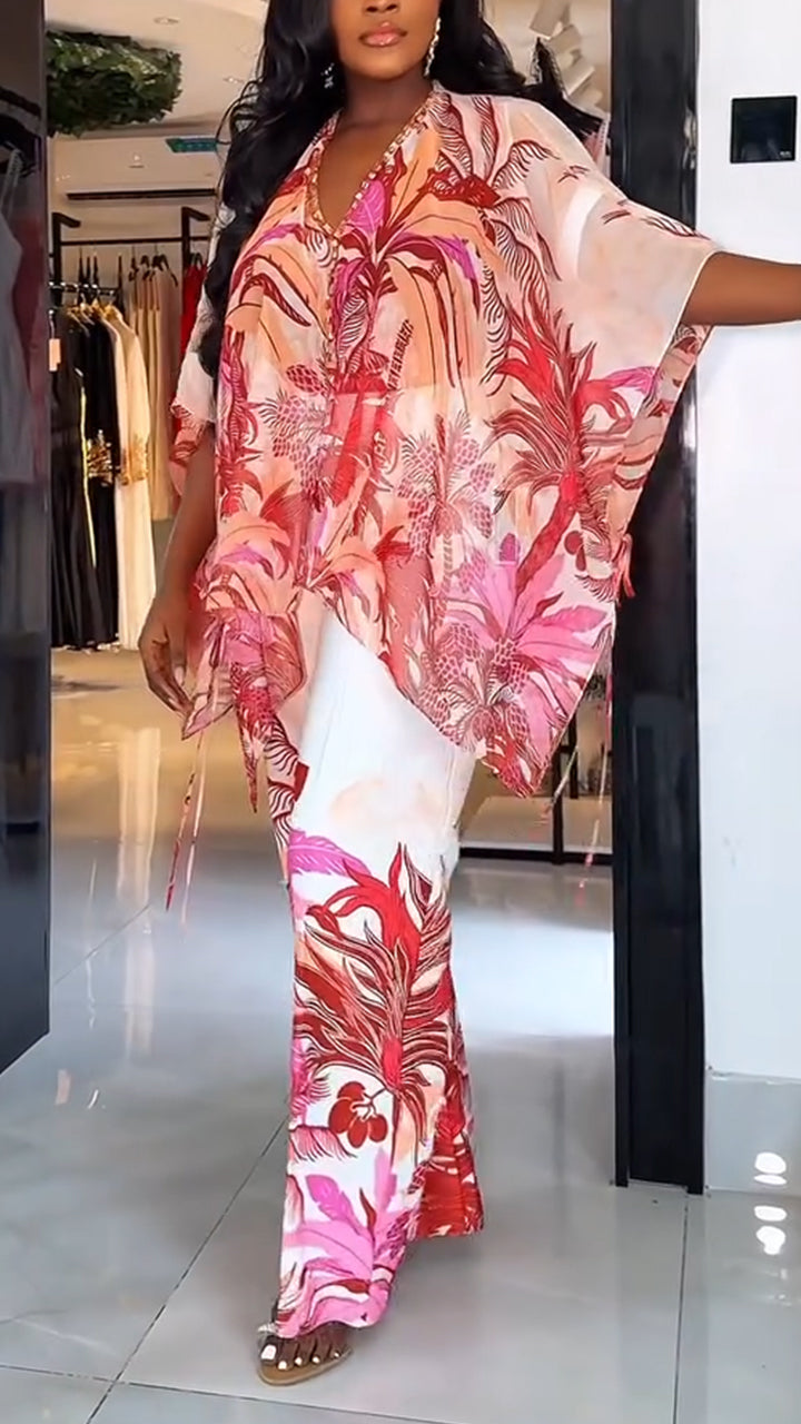 Ladies' V-neck Printed Top + Pants Casual Set - MATCHING MASTER