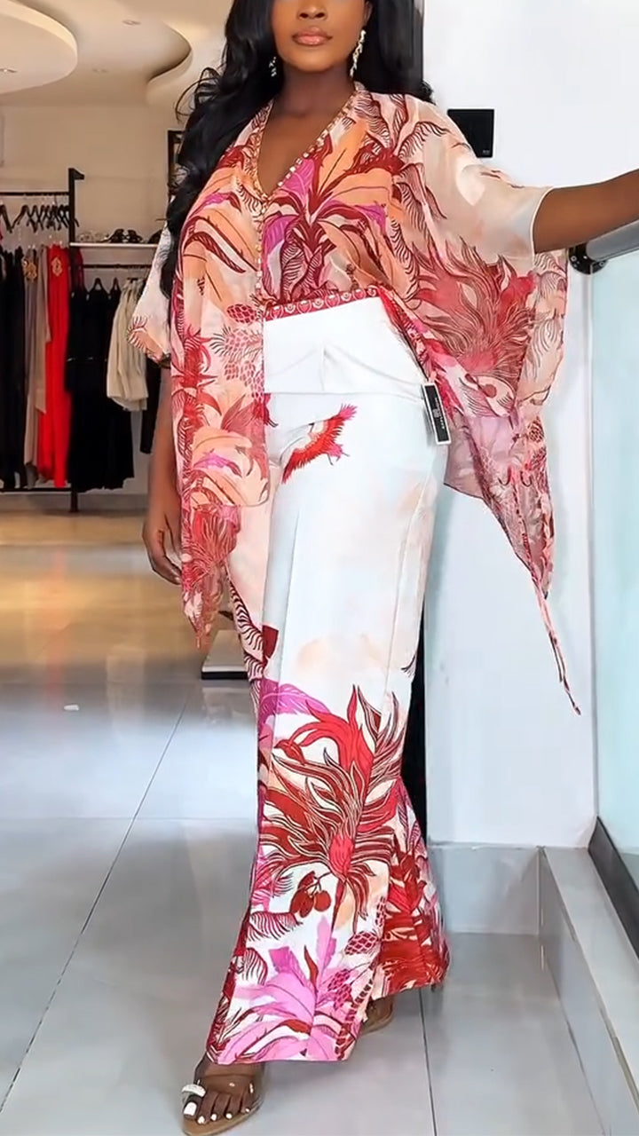 Ladies' V-neck Printed Top + Pants Casual Set - MATCHING MASTER