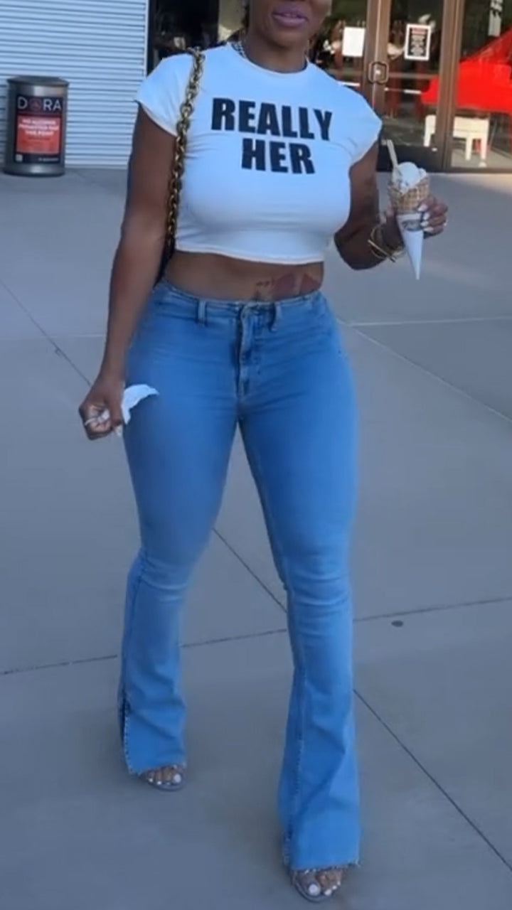 Ladies Round Neck Printed Letter Top+ Jeans Casual Set - MATCHING MASTER