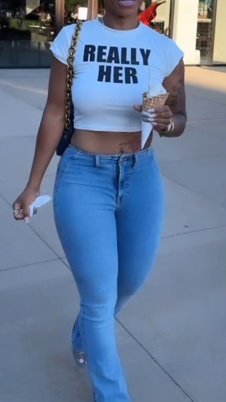 Ladies Round Neck Printed Letter Top+ Jeans Casual Set - MATCHING MASTER