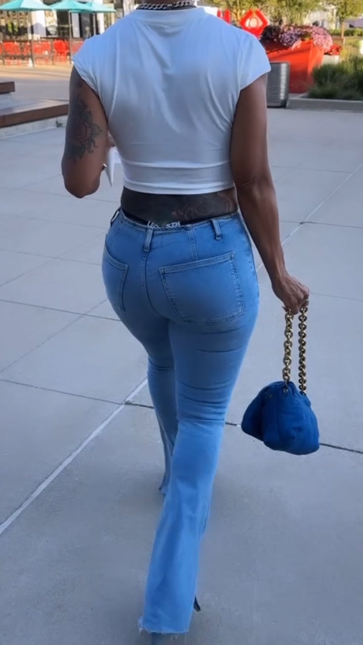 Ladies Round Neck Printed Letter Top+ Jeans Casual Set - MATCHING MASTER