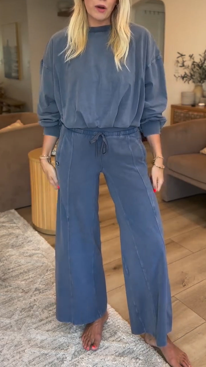 Ladies Round Neck Solid Color Splicing Casual Set - MATCHING MASTER