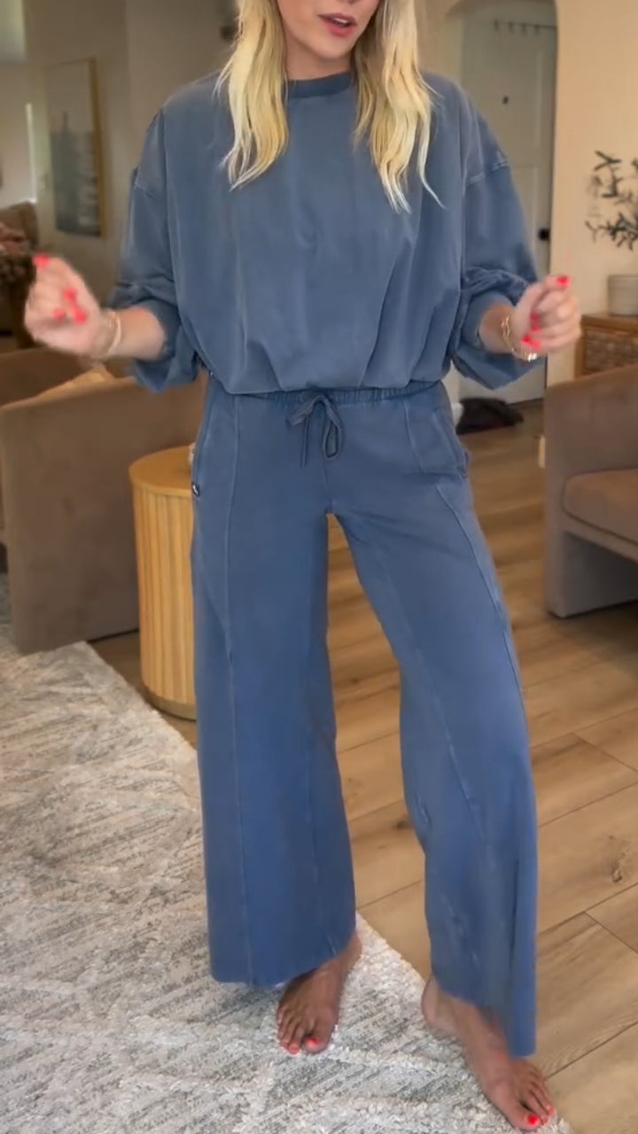 Ladies Round Neck Solid Color Splicing Casual Set - MATCHING MASTER