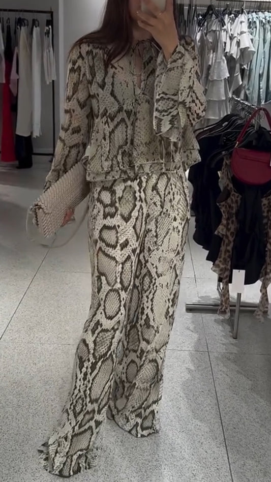 Women's V-neck Chiffon Snake Print Casual Suit - MATCHING MASTER