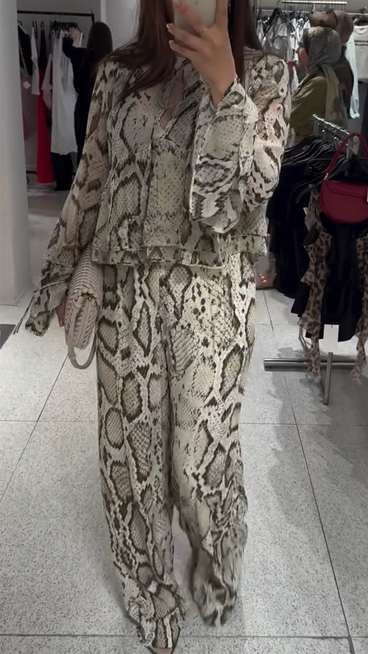 Women's V-neck Chiffon Snake Print Casual Suit - MATCHING MASTER