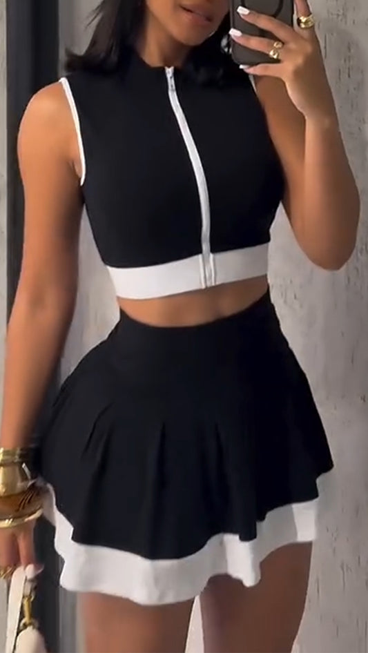 Ladies Round Neck Zipper Top+ Skirt Casual Set - MATCHING MASTER