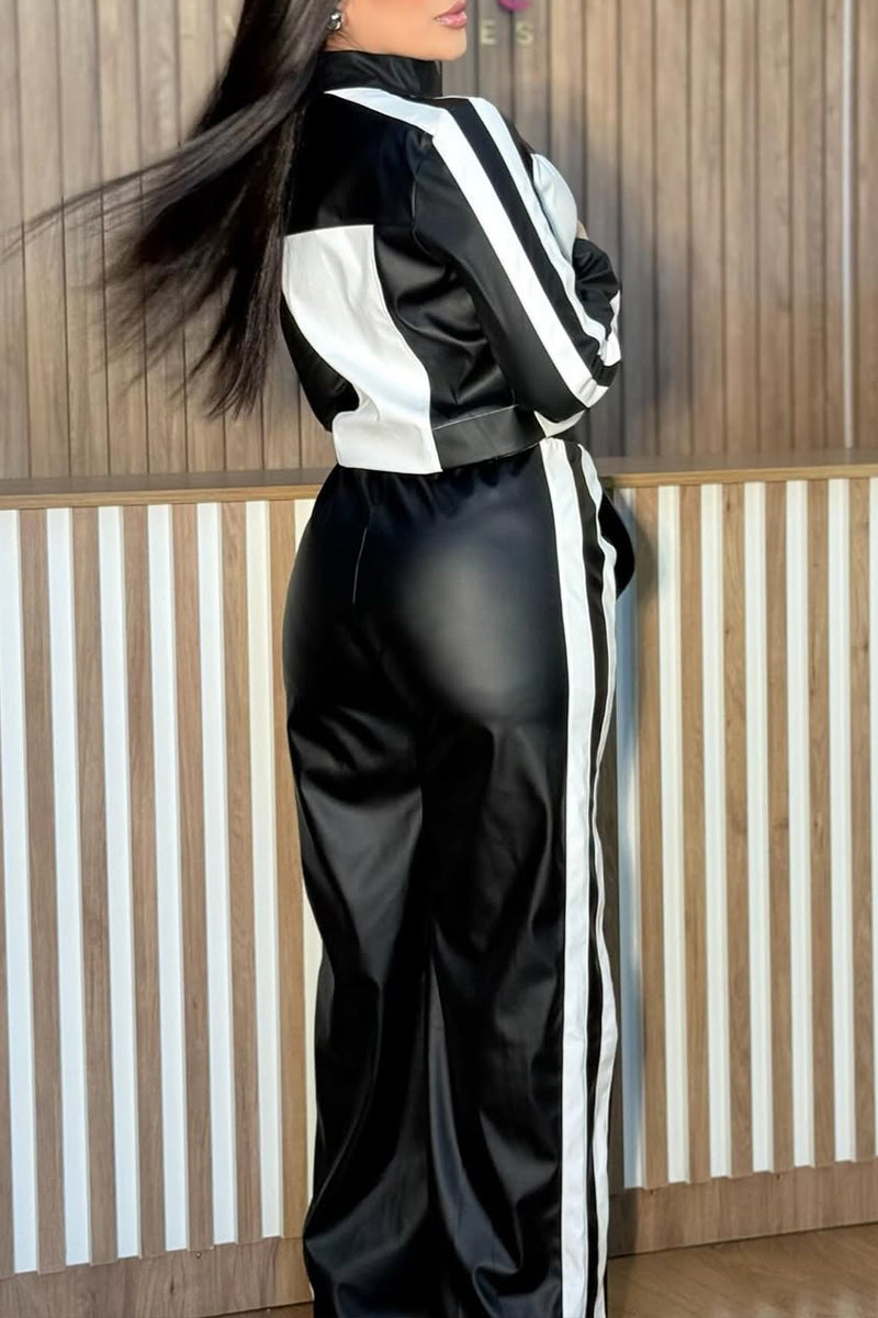 Ladies Collar Zipper Leather Contrasting Jacket+ Pants Temperament Casual Set - MATCHING MASTER