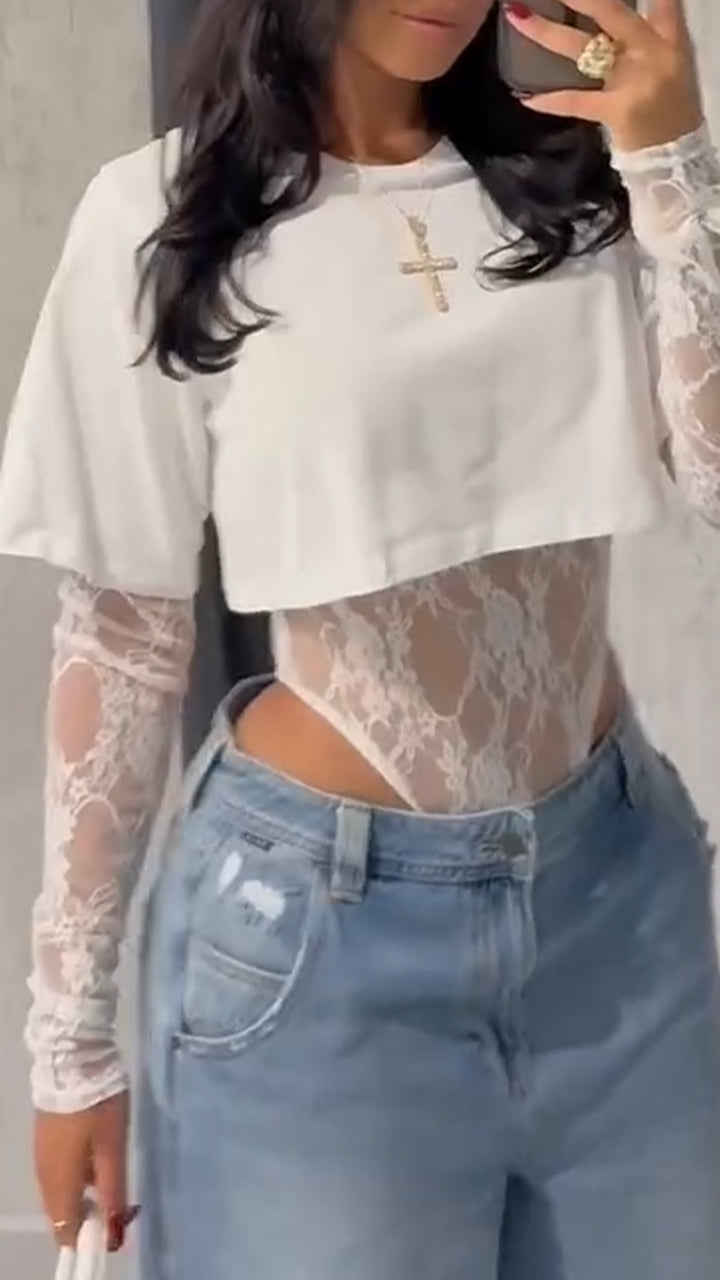 Hot Sale🔥Women's Round Neck Solid Color Short T-shirt + Lace Jumpsuit Two-piece Set - MATCHING MASTER