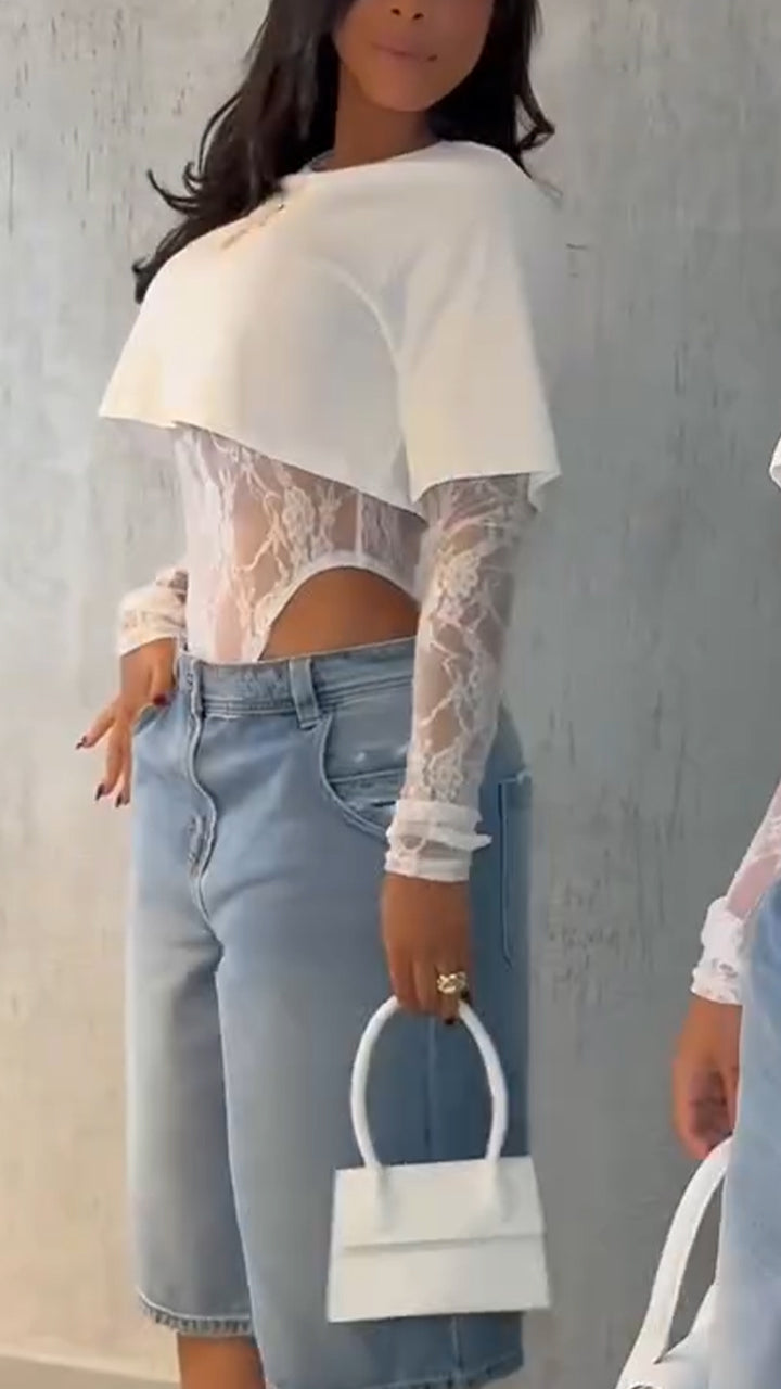 Hot Sale🔥Women's Round Neck Solid Color Short T-shirt + Lace Jumpsuit Two-piece Set - MATCHING MASTER