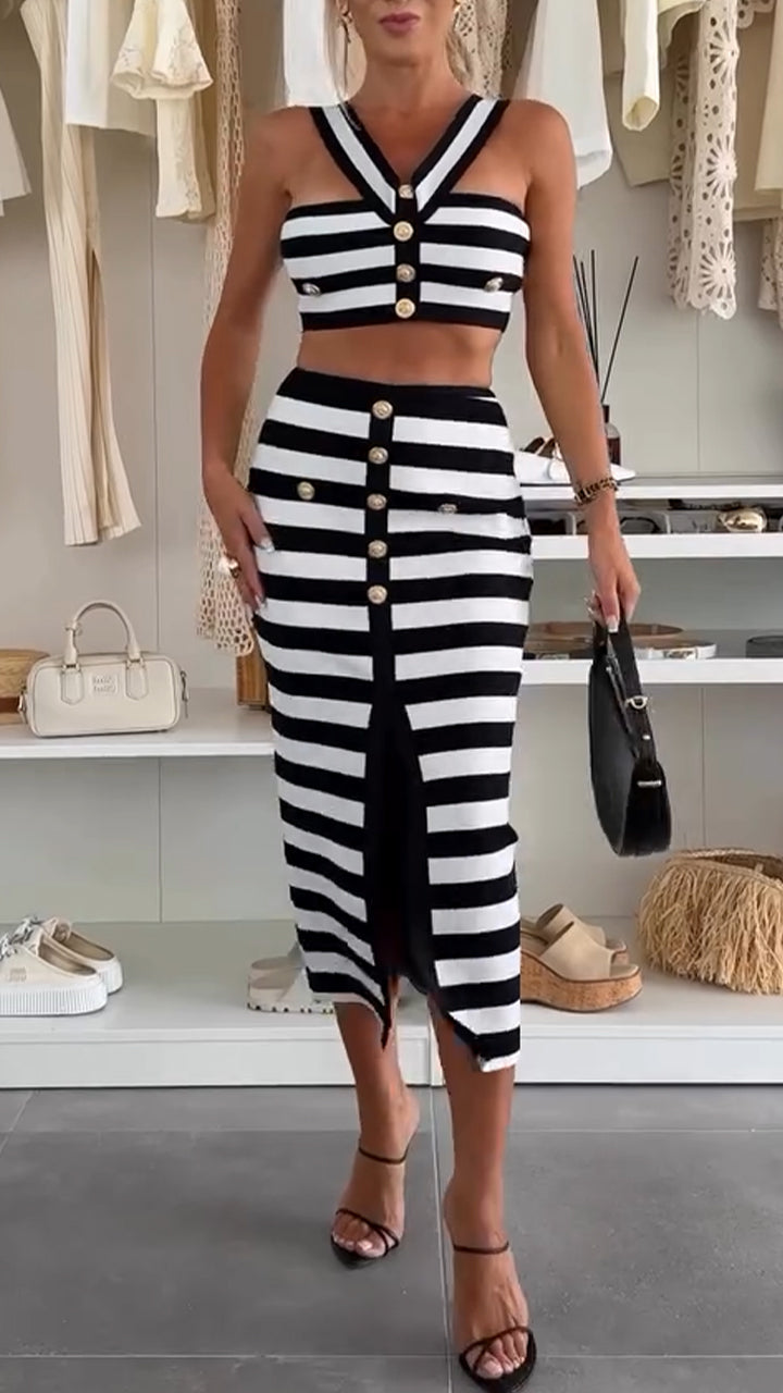Ladies' Neck and Strapless Striped Button Top+skirt Casual Set - MATCHING MASTER