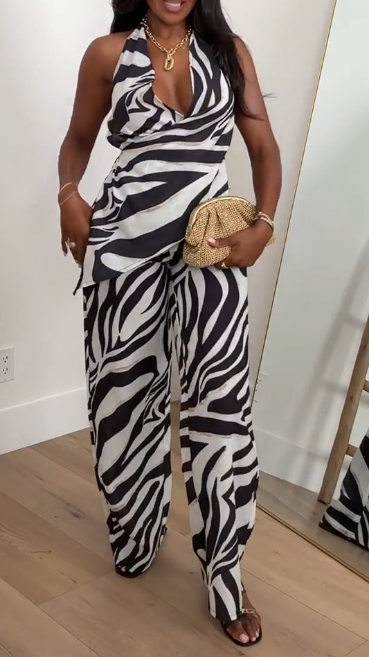 Ladies' Neck Hanging Hollow Irregular Top+ Pants Casual Suit - MATCHING MASTER