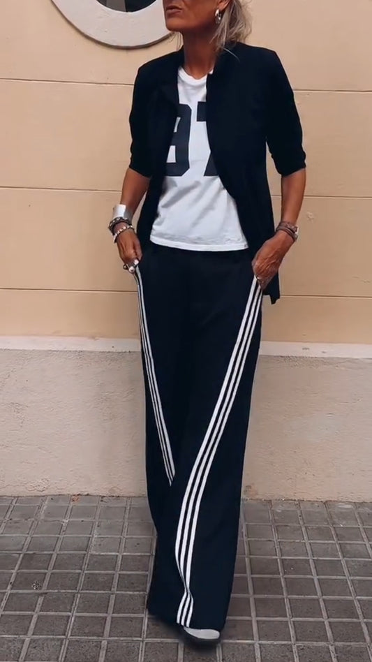 Ladies' Solid Color Jacket+ Vertical Striped Pants Casual Temperament Set - MATCHING MASTER