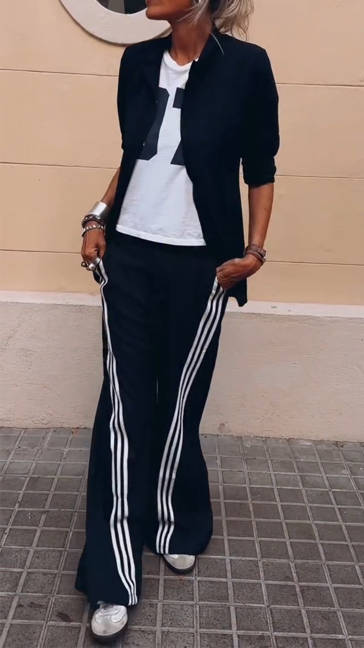 Ladies' Solid Color Jacket+ Vertical Striped Pants Casual Temperament Set - MATCHING MASTER