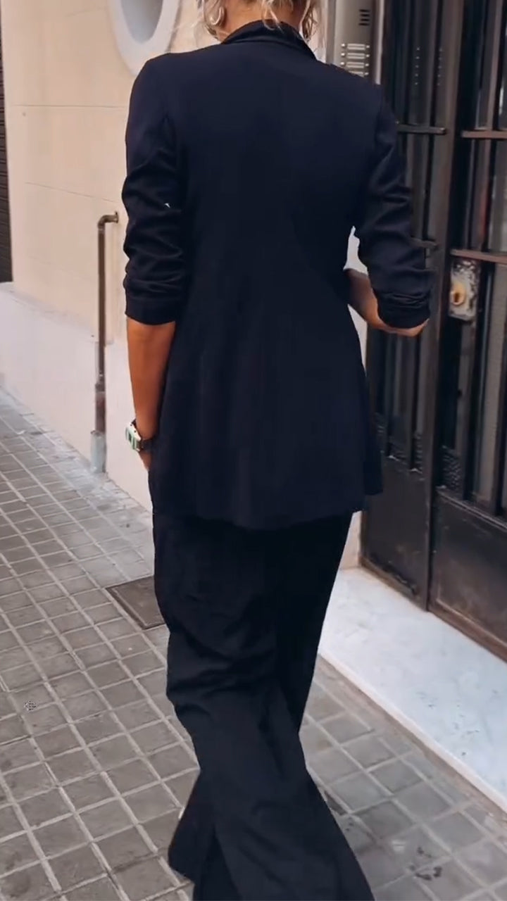 Ladies' Solid Color Jacket+ Vertical Striped Pants Casual Temperament Set - MATCHING MASTER