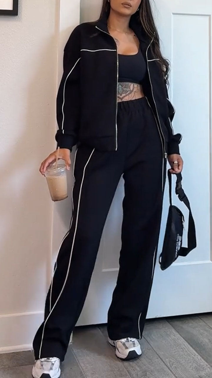 Women's Autumn Casual Side Stripe Sports Outdoor Jacket Coat Pants Set - MATCHING MASTER