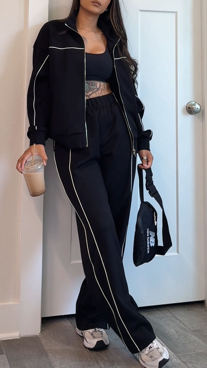 Women's Autumn Casual Side Stripe Sports Outdoor Jacket Coat Pants Set - MATCHING MASTER