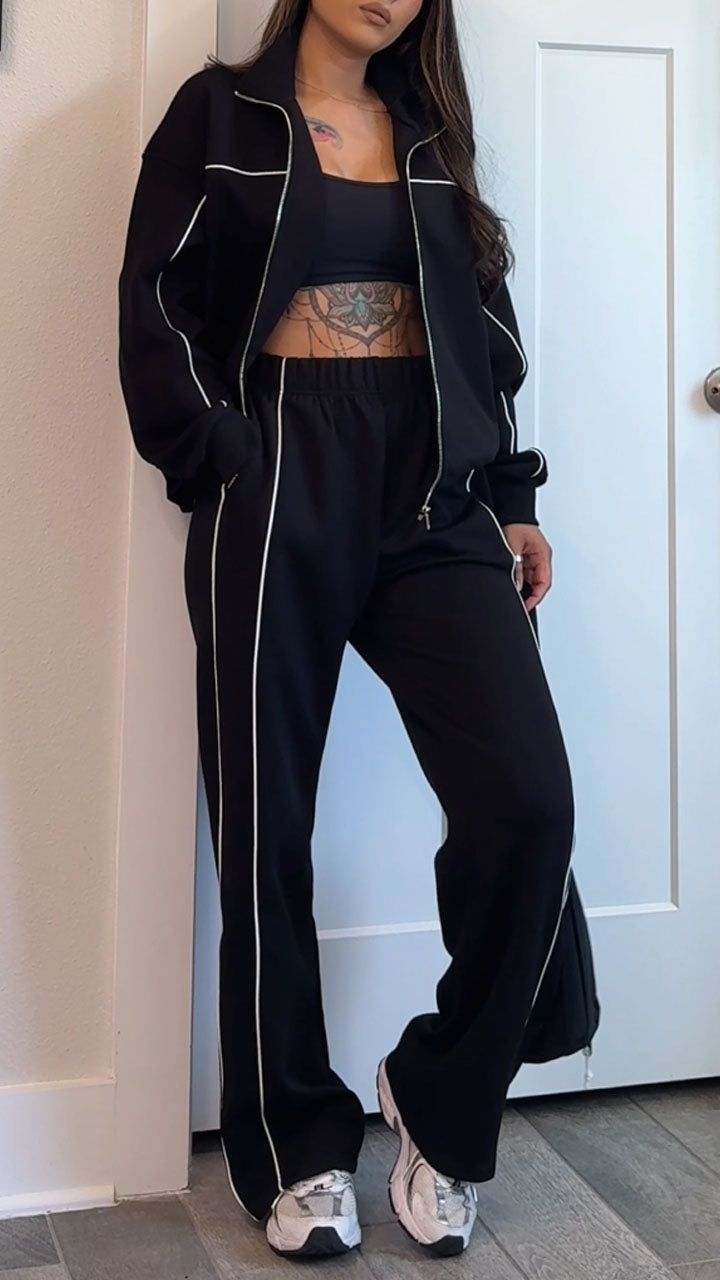 Women's Autumn Casual Side Stripe Sports Outdoor Jacket Coat Pants Set - MATCHING MASTER