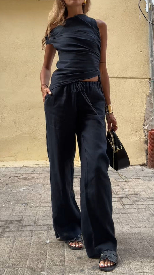 Women's Resort Linen Off-shoulder Black Top and Pants Set - MATCHING MASTER