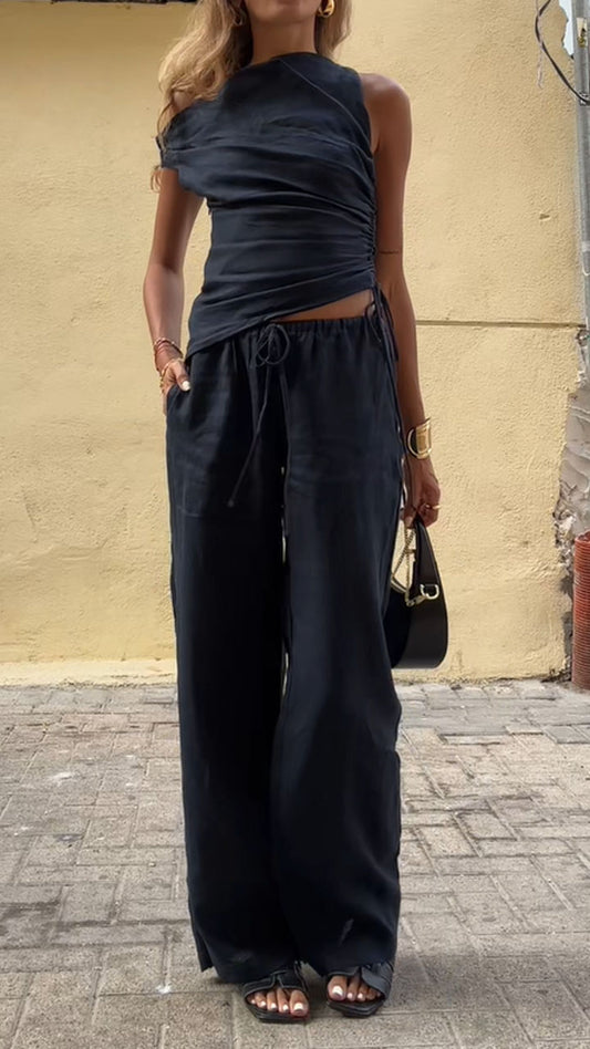 Women's Resort Linen Off-shoulder Black Top and Pants Set - MATCHING MASTER