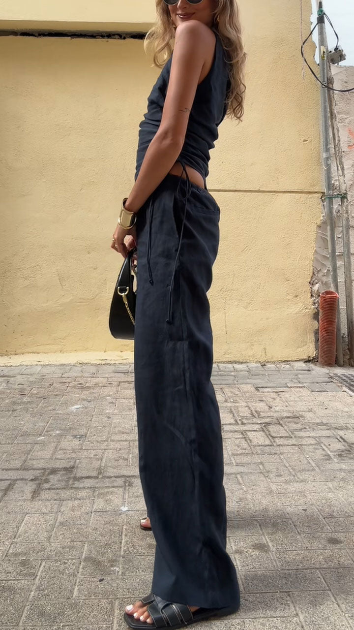 Women's Resort Linen Off-shoulder Black Top and Pants Set - MATCHING MASTER