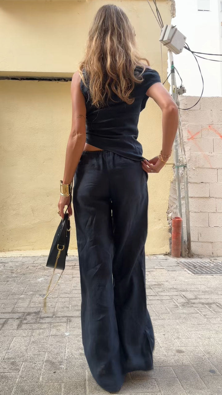 Women's Resort Linen Off-shoulder Black Top and Pants Set - MATCHING MASTER