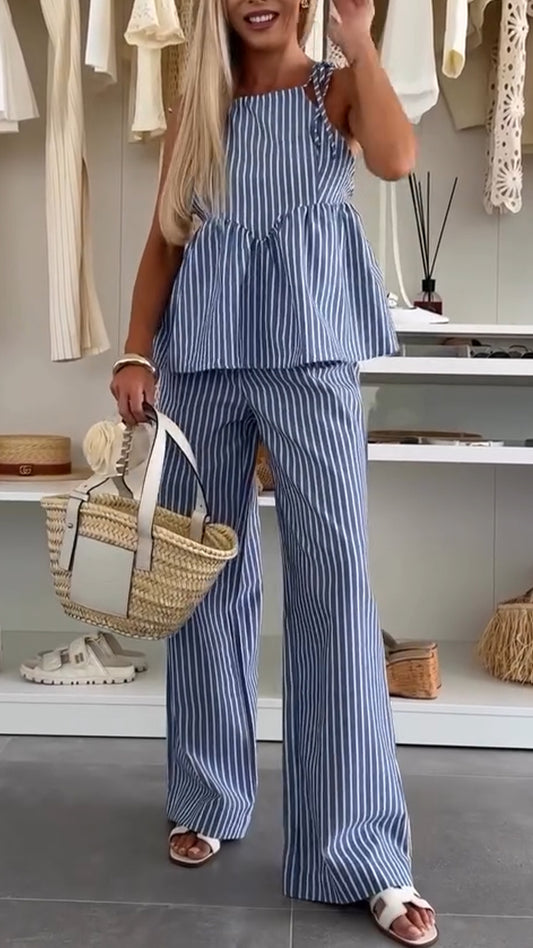 Ladies' Spaghetti Strap Hollowed Out Vertical Stripe Top+ Pants Casual Suit - MATCHING MASTER