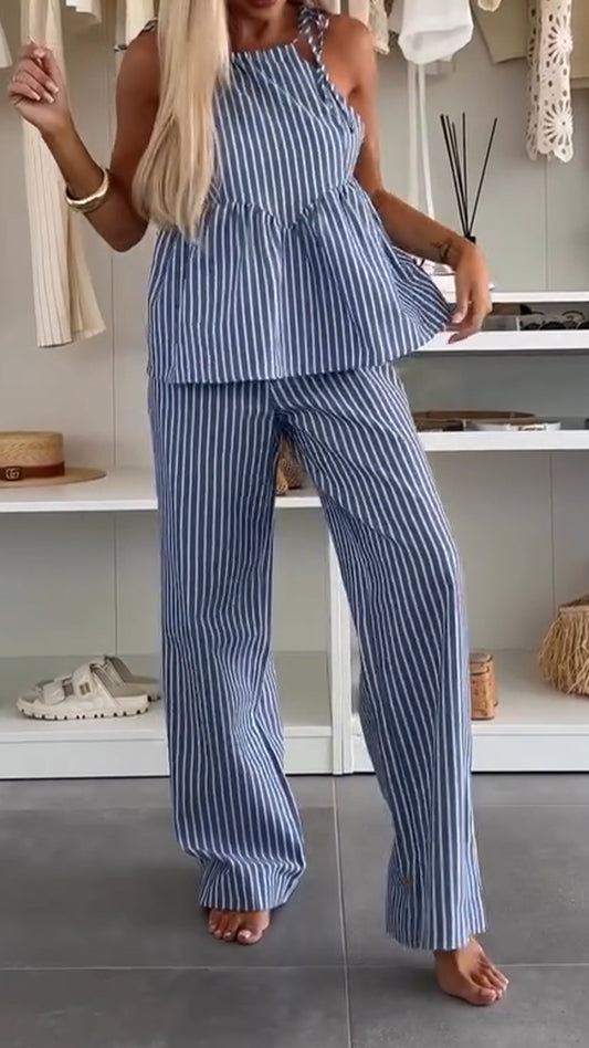 Ladies' Spaghetti Strap Hollowed Out Vertical Stripe Top+ Pants Casual Suit - MATCHING MASTER
