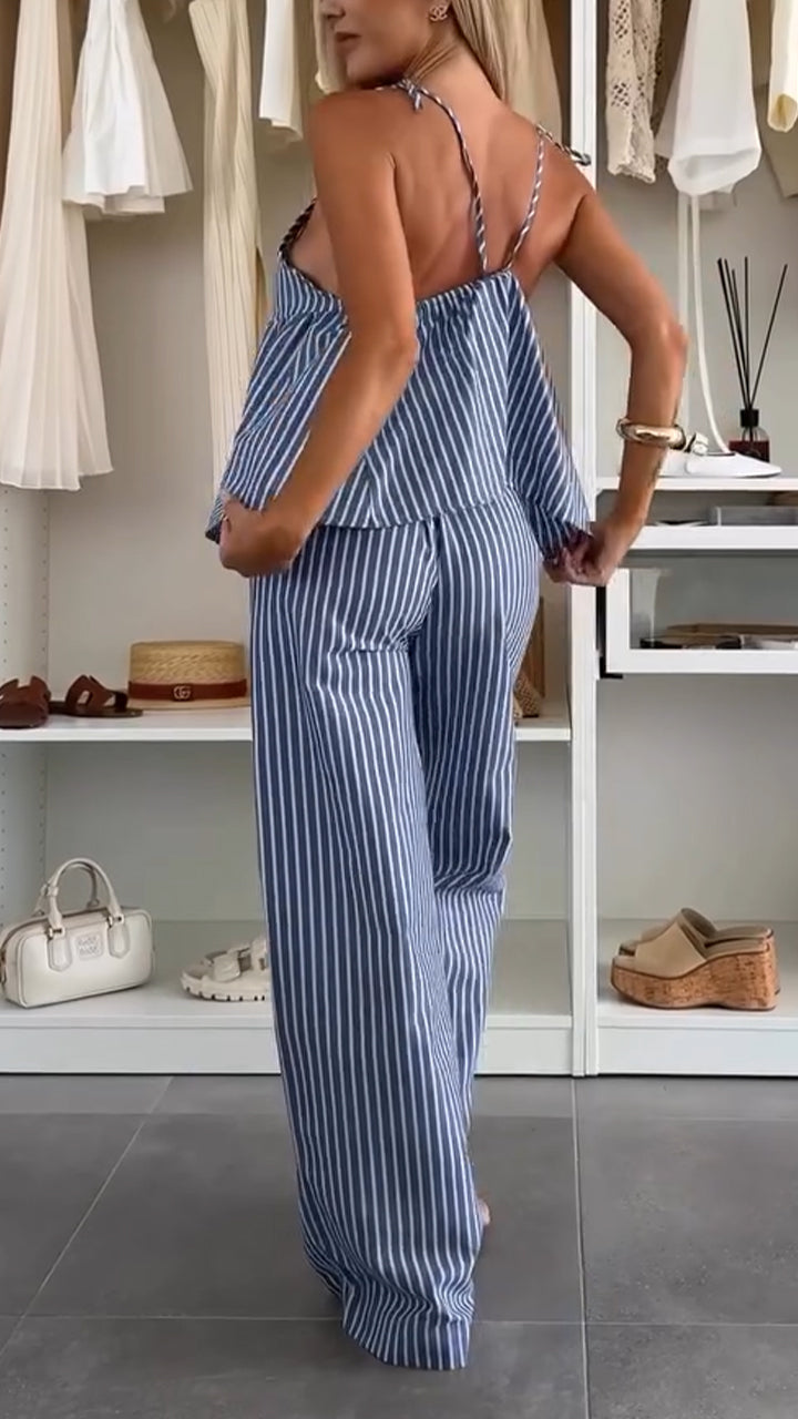 Ladies' Spaghetti Strap Hollowed Out Vertical Stripe Top+ Pants Casual Suit - MATCHING MASTER