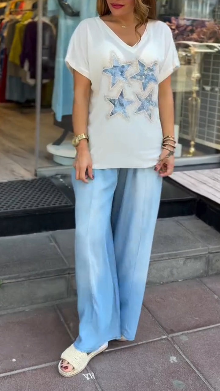 Ladies' V-neck Star Printed Rhinestone Top+ Wash Pants Casual Set - MATCHING MASTER