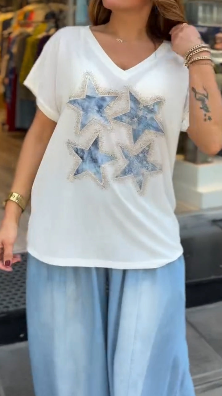 Ladies' V-neck Star Printed Rhinestone Top+ Wash Pants Casual Set - MATCHING MASTER