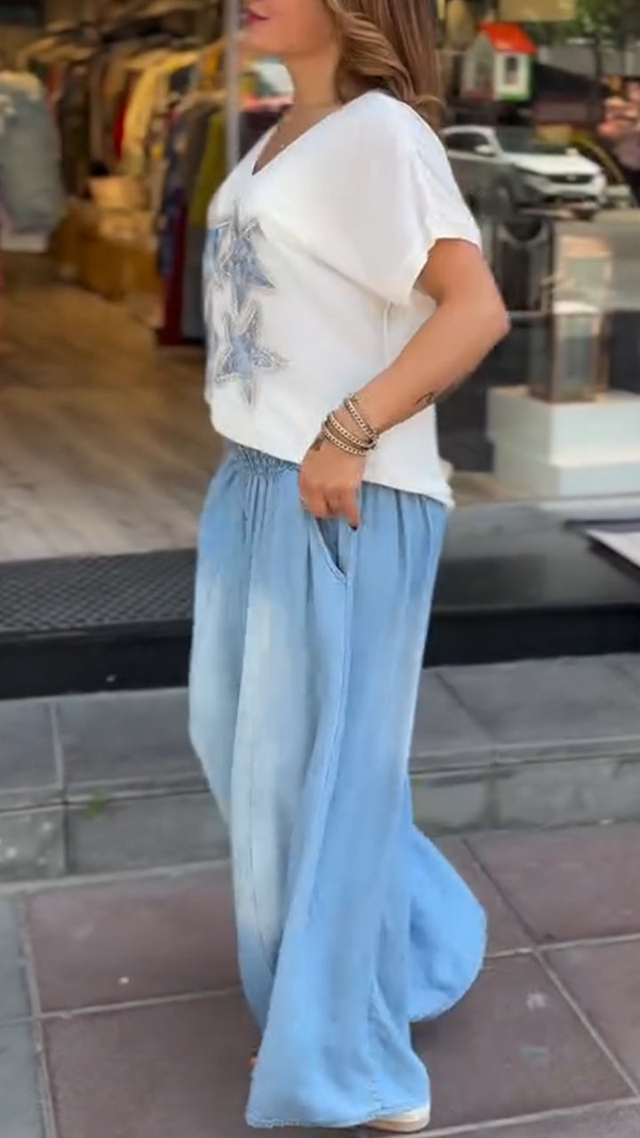 Ladies' V-neck Star Printed Rhinestone Top+ Wash Pants Casual Set - MATCHING MASTER