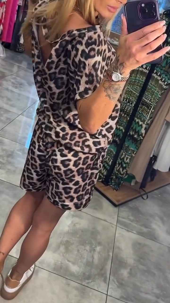 Ladies' Slanted Neck Leopard Print Top+ Shorts Casual Set - MATCHING MASTER