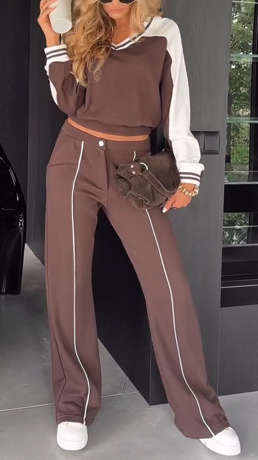 Ladies V-neck Contrasting Vertical Stripe Casual Suit - MATCHING MASTER