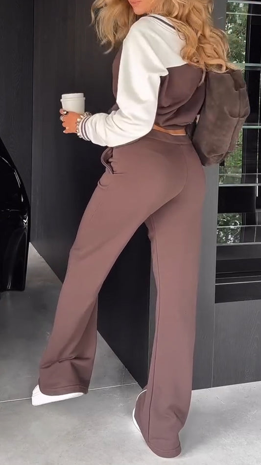 Ladies V-neck Contrasting Vertical Stripe Casual Suit - MATCHING MASTER