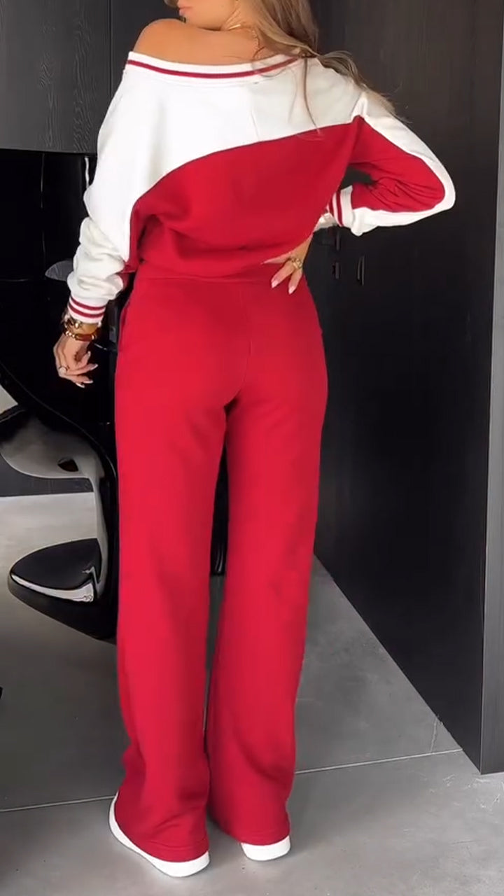 Ladies V-neck Contrasting Vertical Stripe Casual Suit - MATCHING MASTER