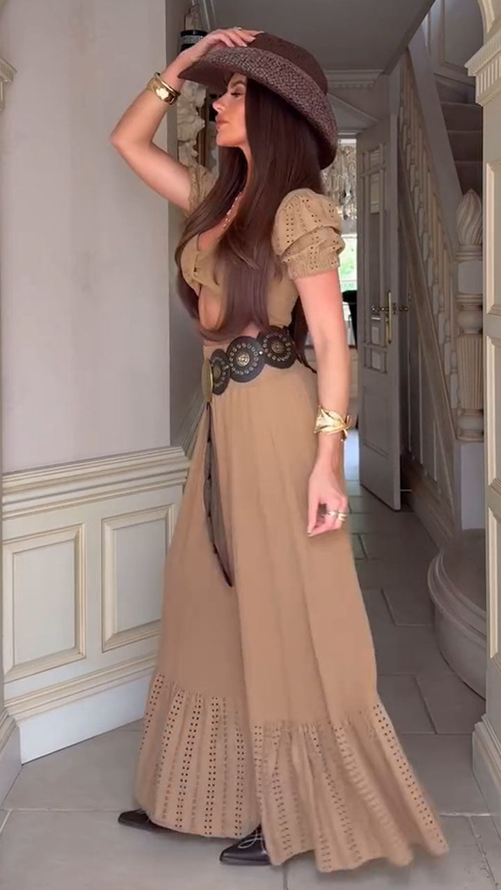 Women's Spring/Summer Dark Khaki Vacation Boho Nomadic Ultra-cropped Top Slit Long Skirt Two-piece Set - MATCHING MASTER