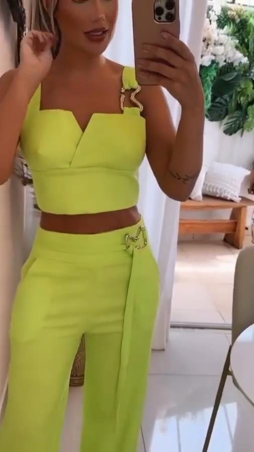 Women's Fashion Solid Color Suspender V-Neck Top Wide Leg Casual Pants Two-Piece Set - MATCHING MASTER