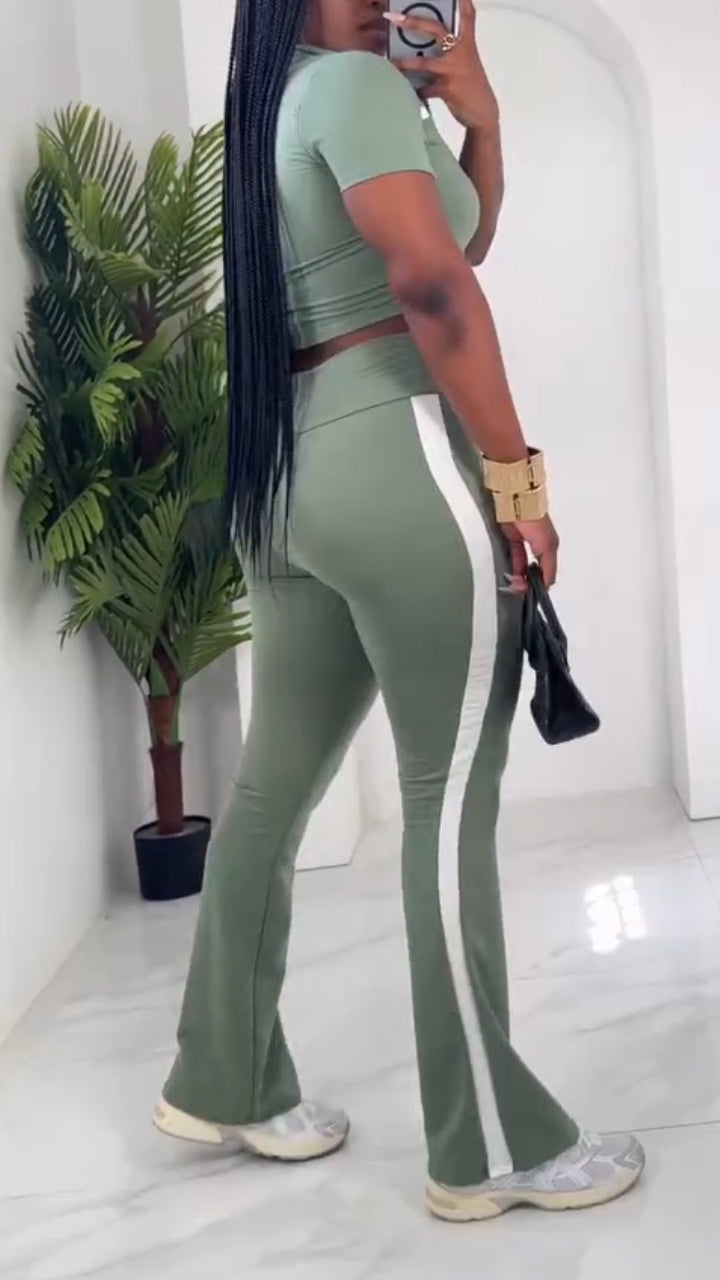 Ladies Collar Striped Zipper Top+ Pants Slim Fit Casual Set - MATCHING MASTER